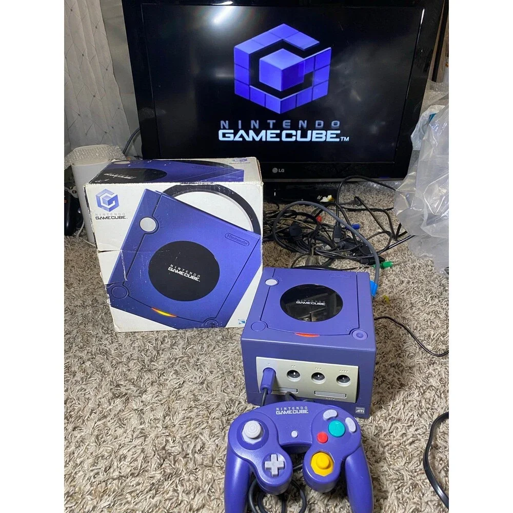 Nintendo GameCube Indigo purple Console Complete w/ Controller Cords In Box 001